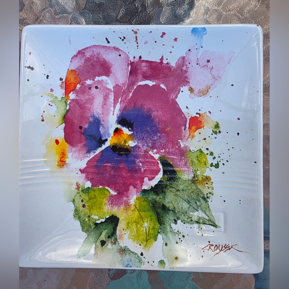 Pansy Floral Snack Plate Watercilor Art Square 7" Dean Crouser Signed 2016